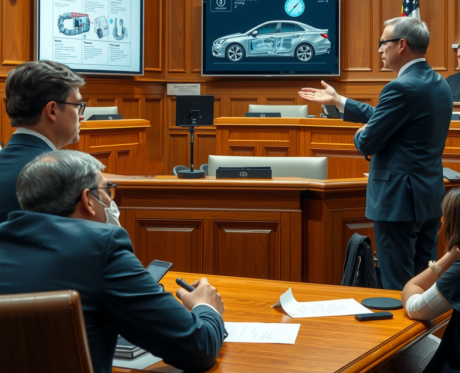 A courtroom scene where a lawyer presents evidence of negligence to a jury