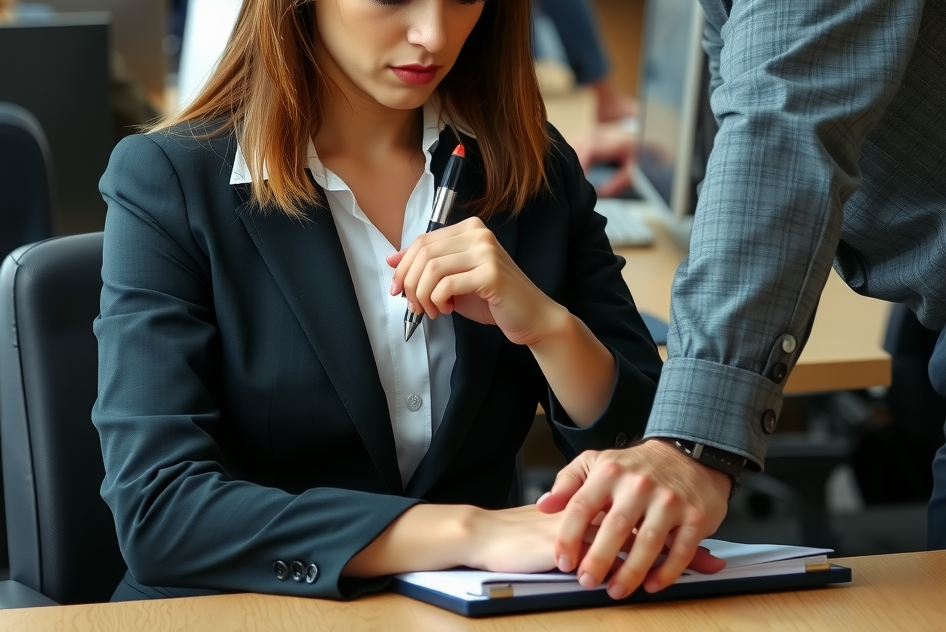 The overall tone conveys discomfort and unease, highlighting the serious nature of workplace sexual harassment.