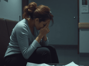 A grieving woman sits alone in a hospital
