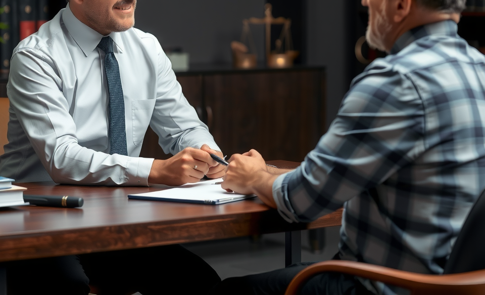 a professional law office with a compassionate attorney meeting with an injured client.
