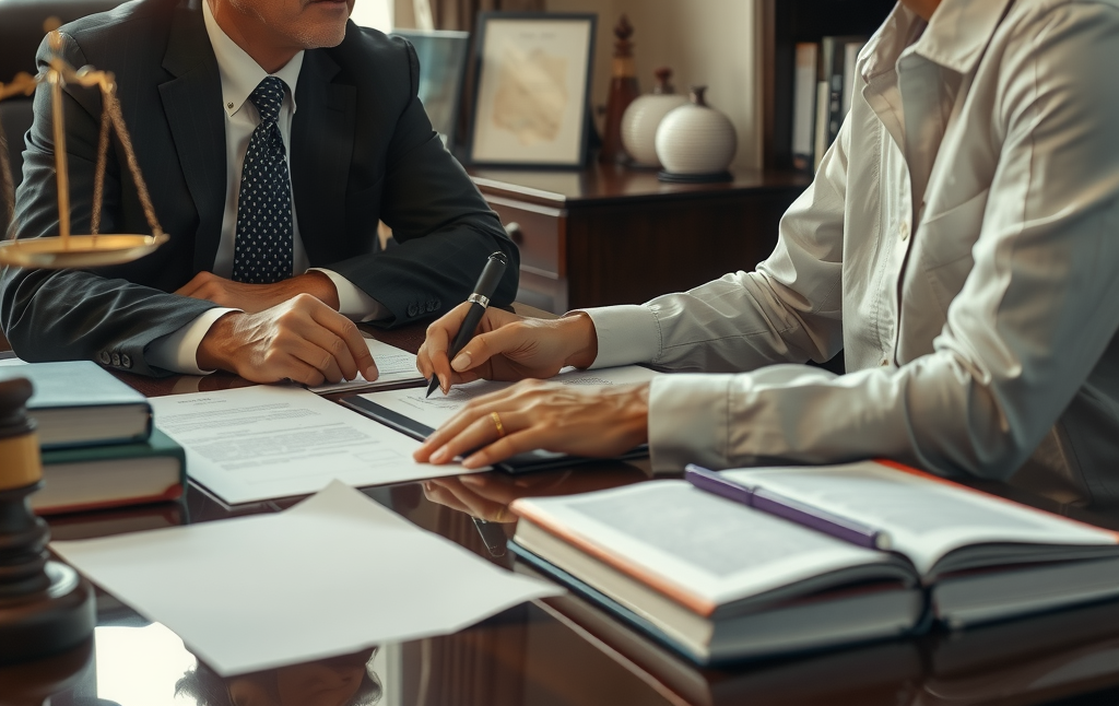 A professional Boston personal injury law office, serious attorney consulting with a client, law books and documents on desk