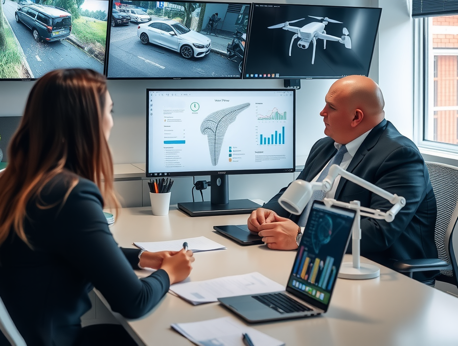A modern personal injury law office in Boston—lawyers reviewing drone footage, 3D accident reconstructions on screens, wearable tech data displayed, and AI-assisted document analysis in progress.