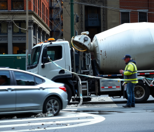 A scene of a serious urban accident involving a cement truck