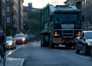 A large garbage truck is navigating a narrow residential street.