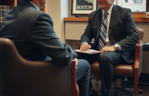 A professional personal injury lawyer consultation scene.