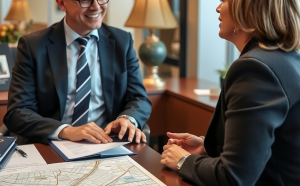 A personal injury lawyer consulting with a client in an office