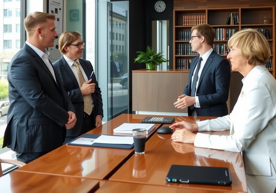 Professional attorneys providing consultations to clients in a modern law office in Boston.