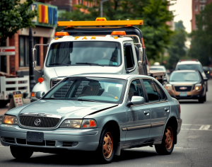 An accident scene on a busy Boston street involving a large tow truck and a damaged car.