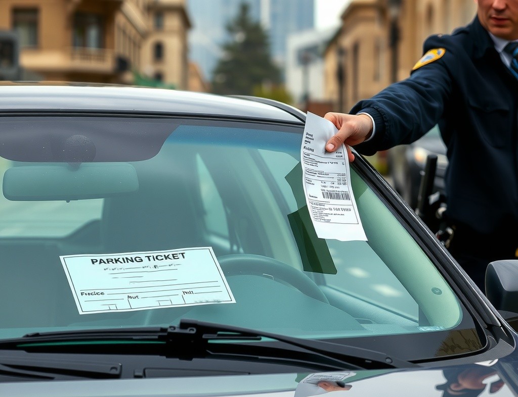 A parked car receiving a parking ticket