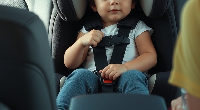 A child sits securely in a forward-facing car seat in the back seat, buckled properly