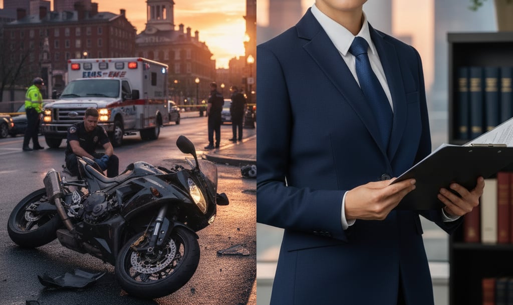 Split image showing a motorcycle accident scene at sunset on one side and a lawyer reviewing documents on the other.
