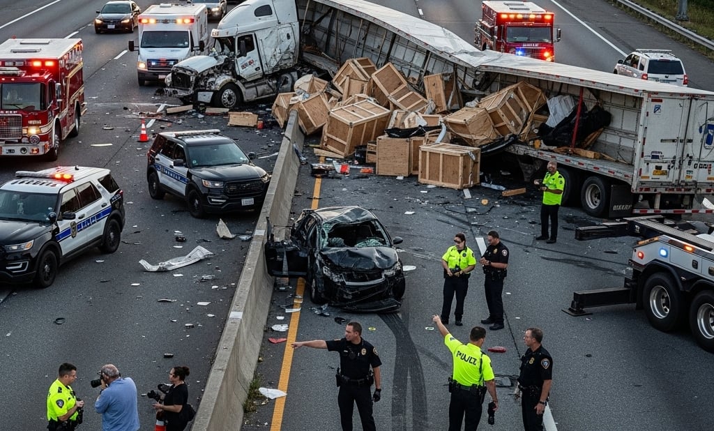 A serious truck accident scene on a Massachusetts highway with police and investigators present, highlighting the complexity of investigations, multiple liable parties, and the need for legal representation