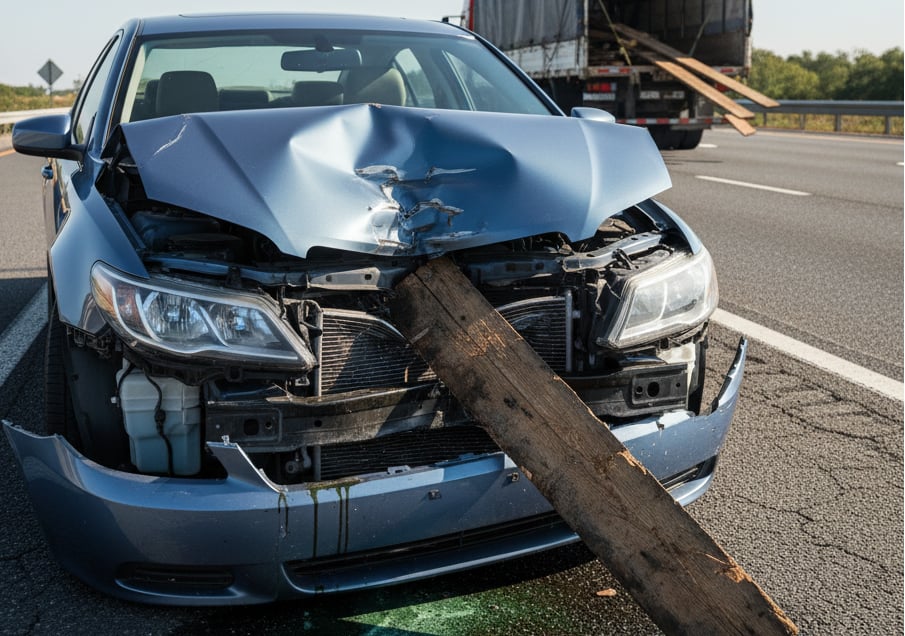 A car damaged by road debris.