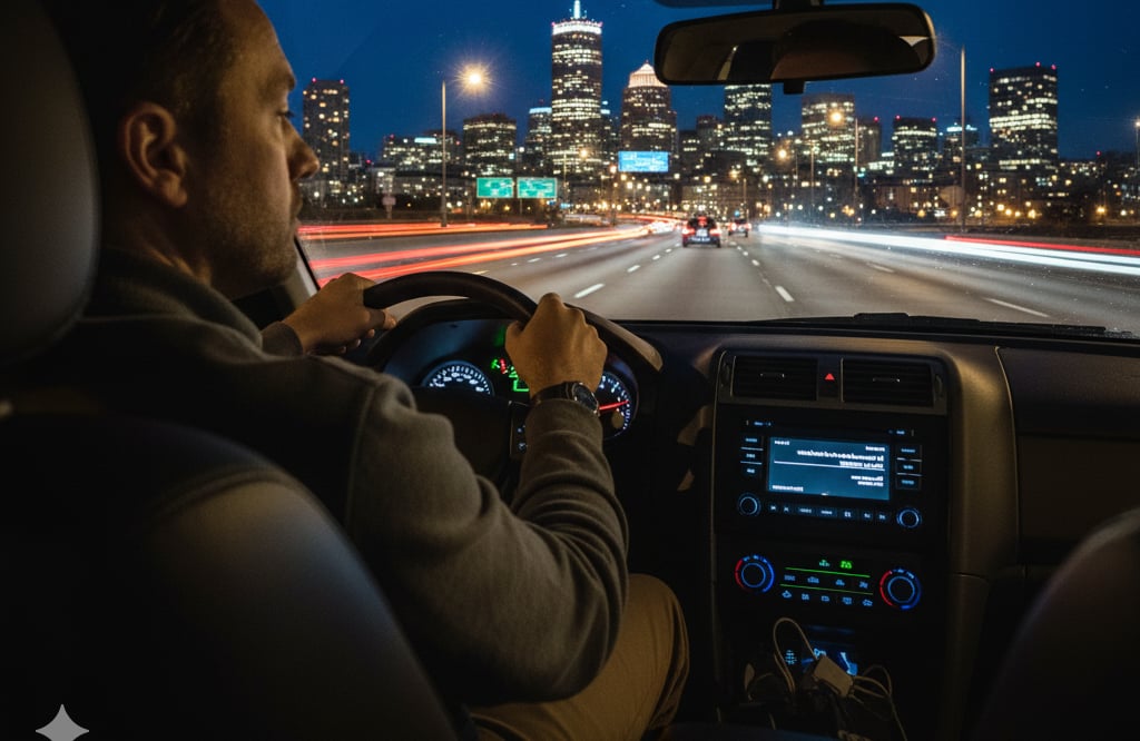 A person driving on a highway at night, with the Boston skyline visible in the distance.