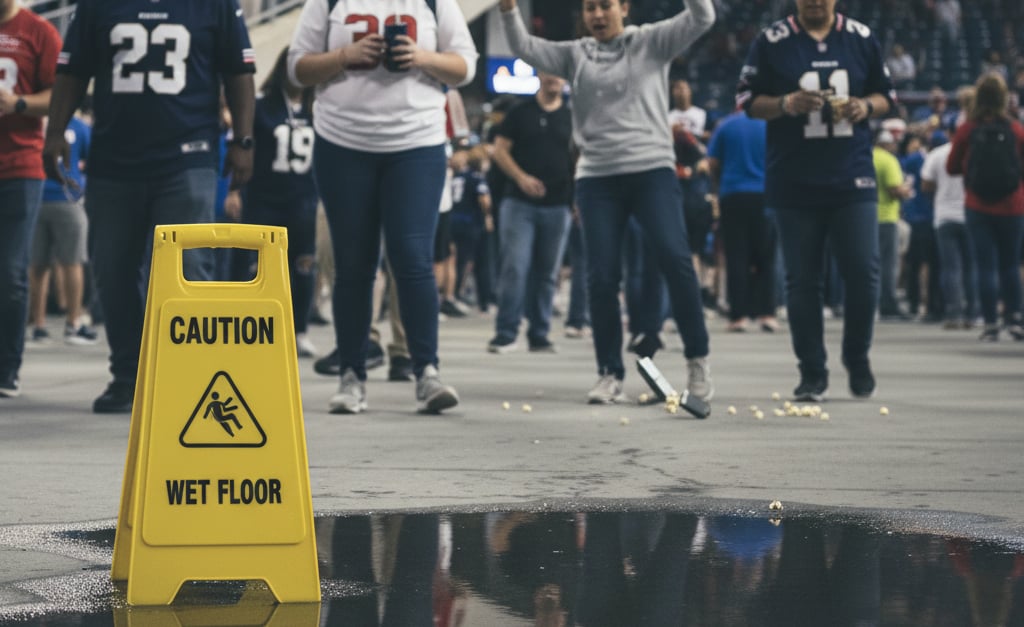 Stadium walkway with a slippery “caution” sign, highlighting premises liability.