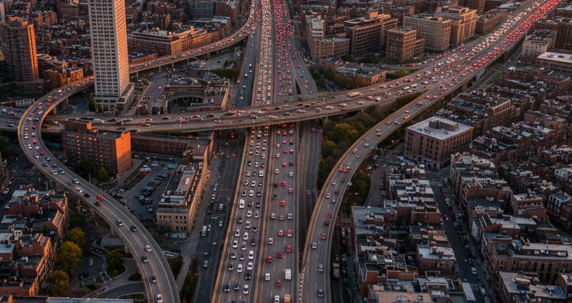 An aerial view of Boston’s congested highways