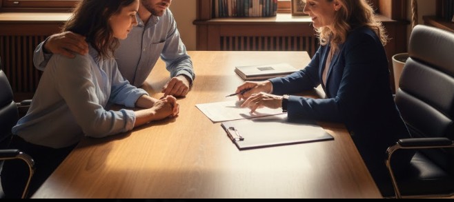 A compassionate attorney discussing medical documents with parents, light through large windows.