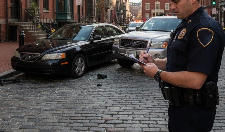 A car accident scene in downtown Boston with a police officer writing a traffic ticket.