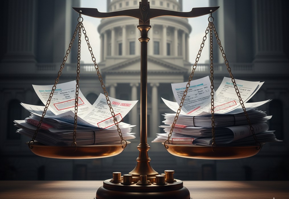 A Boston courthouse with scales of justice overlaid on medical bills and hospital documents.