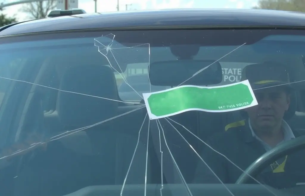 A car's cracked windshield, highlighting a large crack that crosses the driver's field of vision.