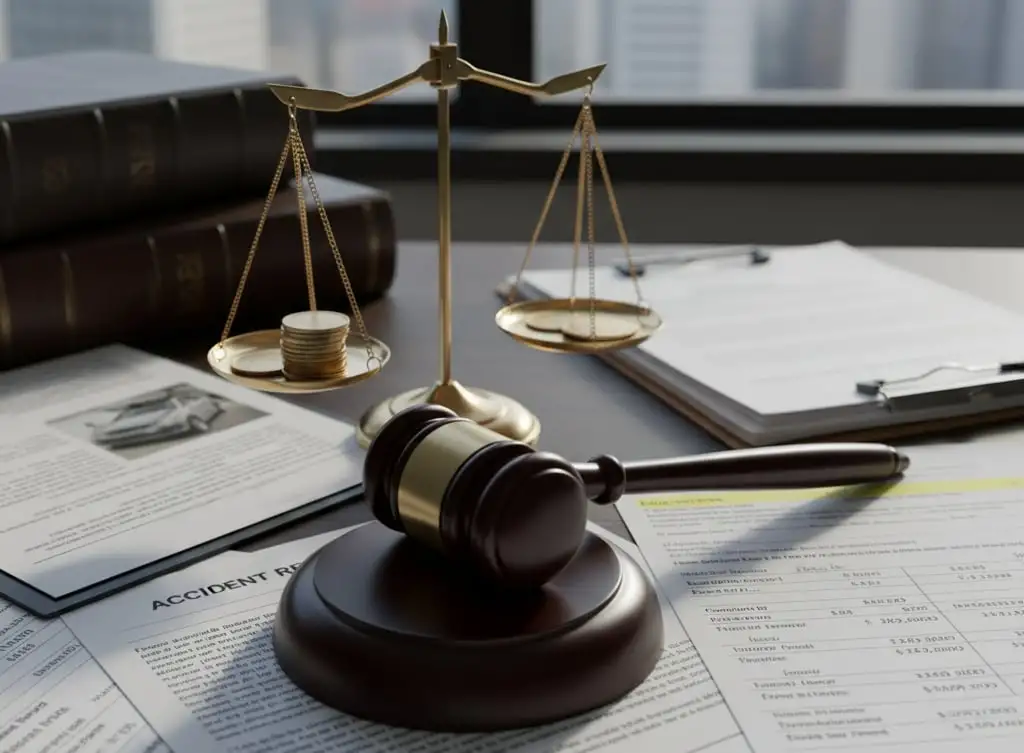 A judge’s gavel and legal scales on a desk, with accident documents and medical bills scattered beside them, representing the pursuit of justice and compensation.