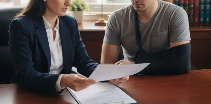 A lawyer handing a police report to an injured car accident victim in a Boston office setting, natural lighting, professional tone.